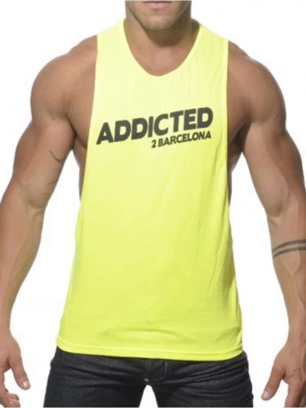 ADDICTED Barcelona Men's Low Rider Gym Tank Top AD197 - Neon Yellow, Size S